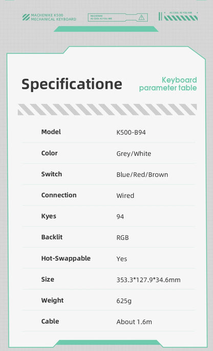 MACHENIKE K500 Mechanical Keyboard Wired Gaming Keyboard K500-B94 Hot Swappable 94 Keys 90% Layout RGB Backlight for PC Laptop
