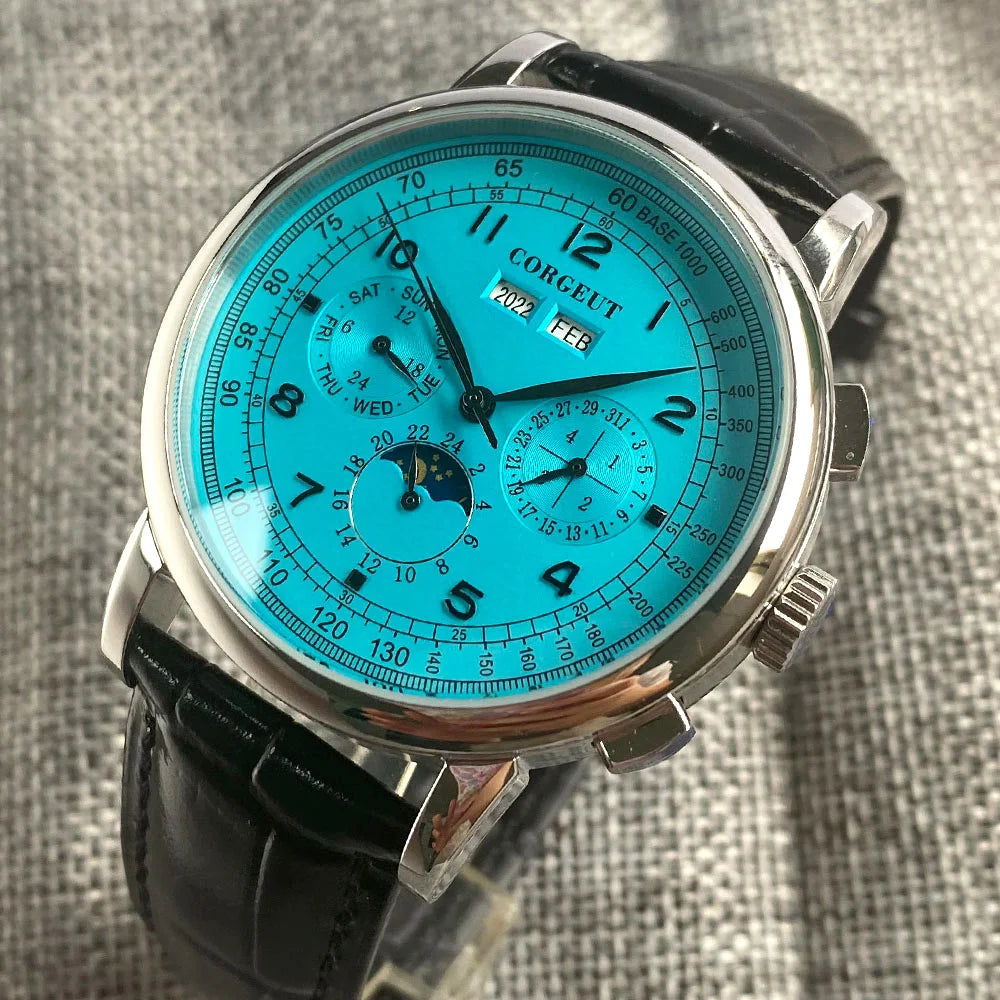 Corgeut Multi Functional Watch Automatic Mechanical Watch for Men 42mm Day Date Month Year Day/Night ST1655 Movt Polished Case