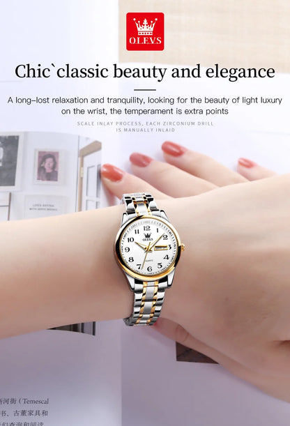 OLEVS Quartz Watch Women Fashion Ladies Watches Wrist Waterproof Luminous Stainless Steel Gold Women Watches Luxury Elegant