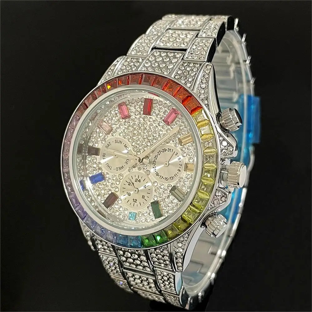 Hot Sell Luxury Green Iced Watch For Men Fashion Stainless steel Quartz Wristwatch Hip Hop Rainbow Diamond AAA Watches Man Reloj
