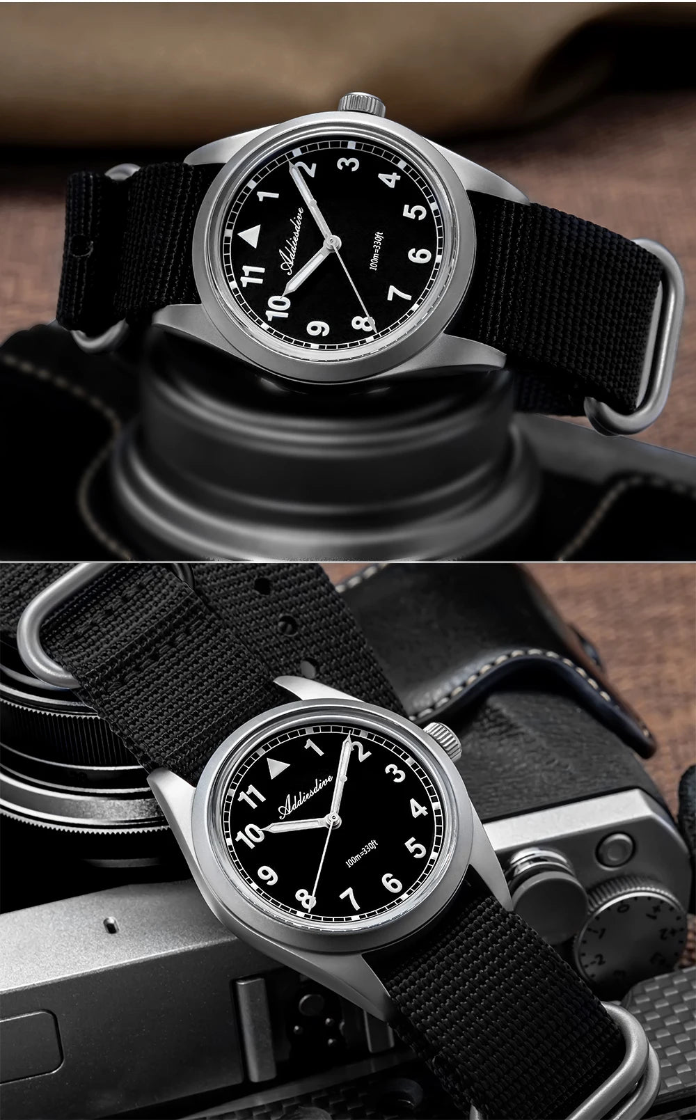 ADDIESDIVE 36mm analoge Herrenuhr mit gewölbtem Spiegelglas, 100m wasserdicht, leuchtend, schlichte Quarzuhr für Herren mit Nylonarmband