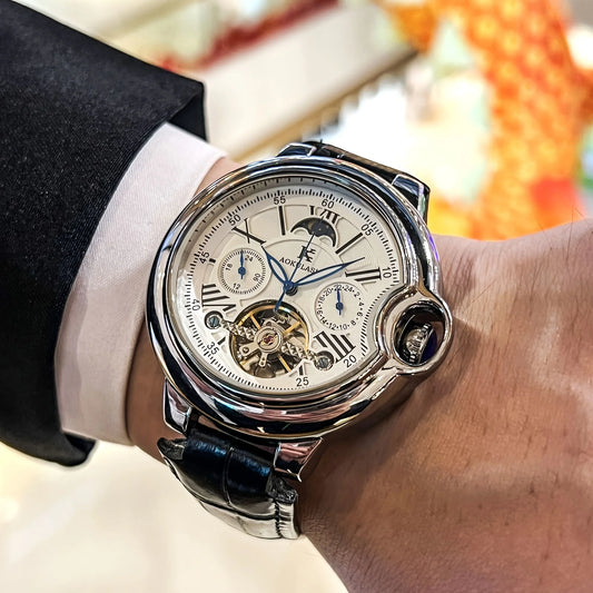 European and American Style Luxury Brand Series of High-End Business Men's Mechanical Watches, Round Dial, Skeleton Design, Automatic Winding, Leather Strap, Multi-Function Display, Tourbillon Men's Watch, Fashionable Accesso