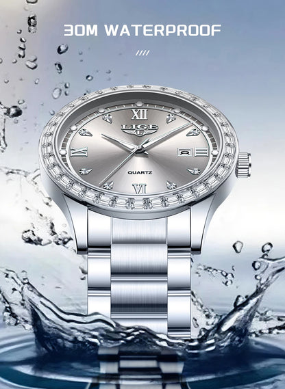 LIGE elegant women's watch Fashion waterproof clock luminous stainless steel business quartz watch for Women reloj de mujer+BOX