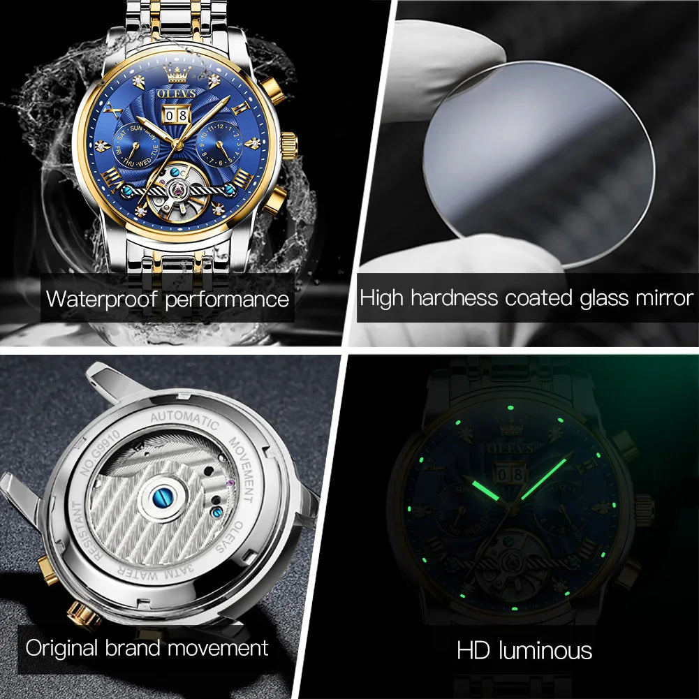 OLEVS 9910 Original Men's Automatic Mechanical Watch Luxury Skeleton Stainless steel Waterproof Luminous Watches