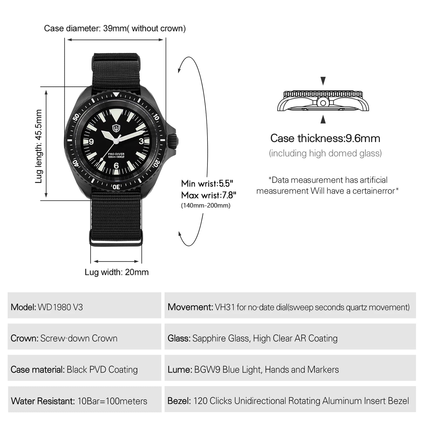 Watchdives WD1980 V3 Quartz Watch 100m Waterproof BGW9 Luminous Nylon Strap Watch Sapphire VH31 Movement Men Watch with Gift Box