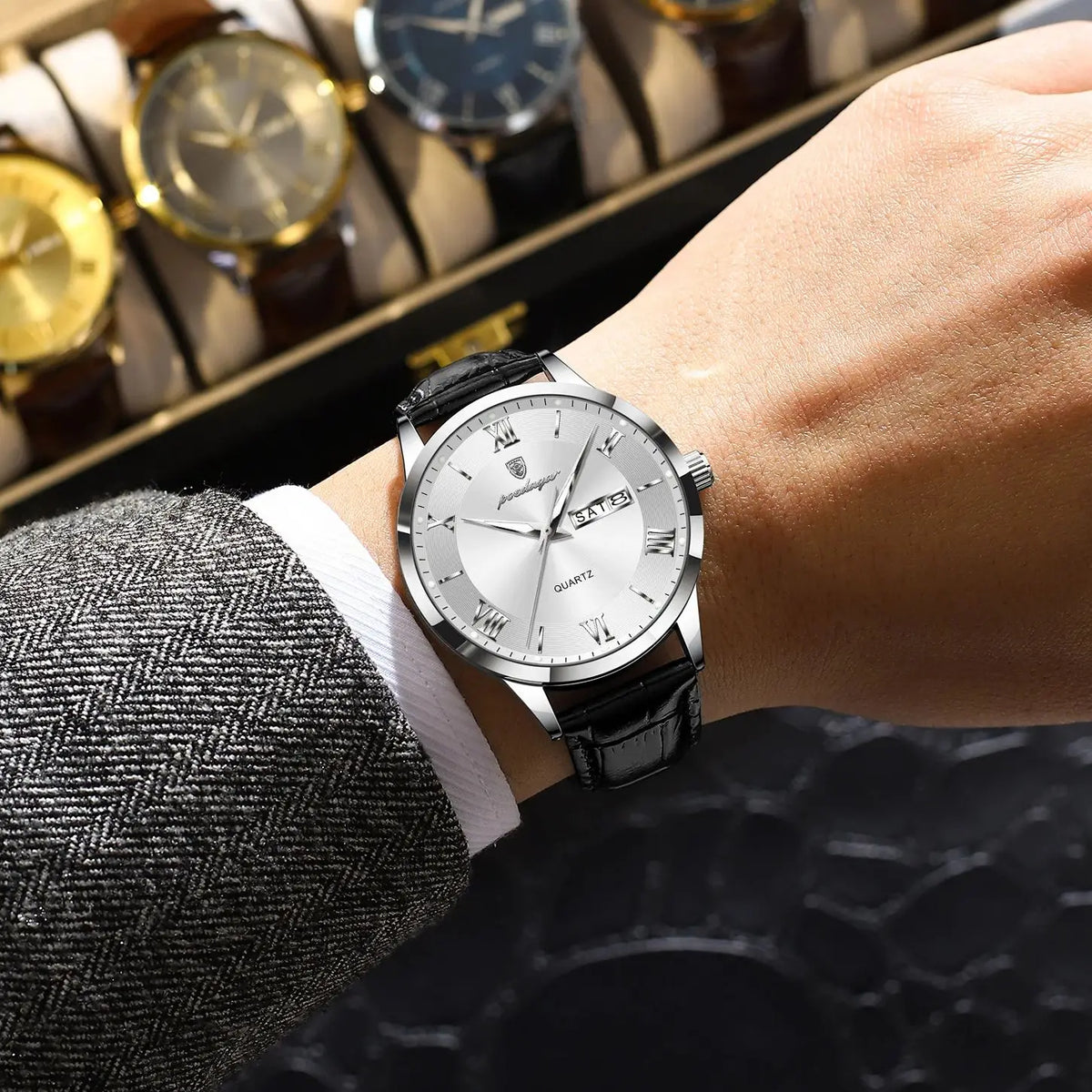 Trendige Herrenuhr von POEDAGAR, Lederarmband, Datums- und Wochentagsanzeige, luxuriöse Quarzuhr, wasserdicht, leuchtend, lässiger Business-Stil.