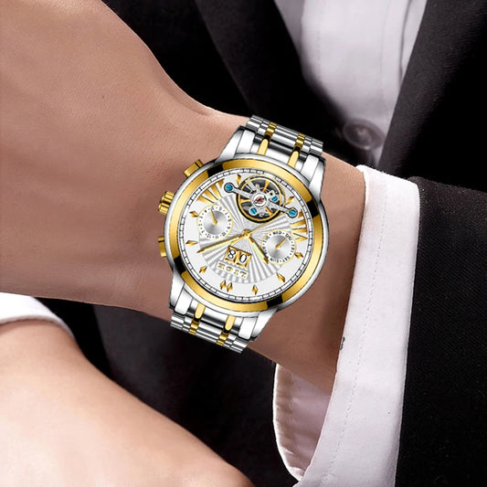 Relógios de pulso mecânicos automáticos para homem LIGE – Relógio de luxo de gama alta com turbilhão, modelo elegante e estanque, ideal para o trabalho ou ocasiões formais.