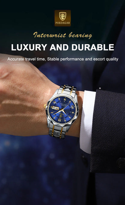 POEDAGAR Luxury Business Men's Watches Waterproof Stainless Steel Luminous Man Wristwatch Date Week Quartz Sport Men Watch Reloj