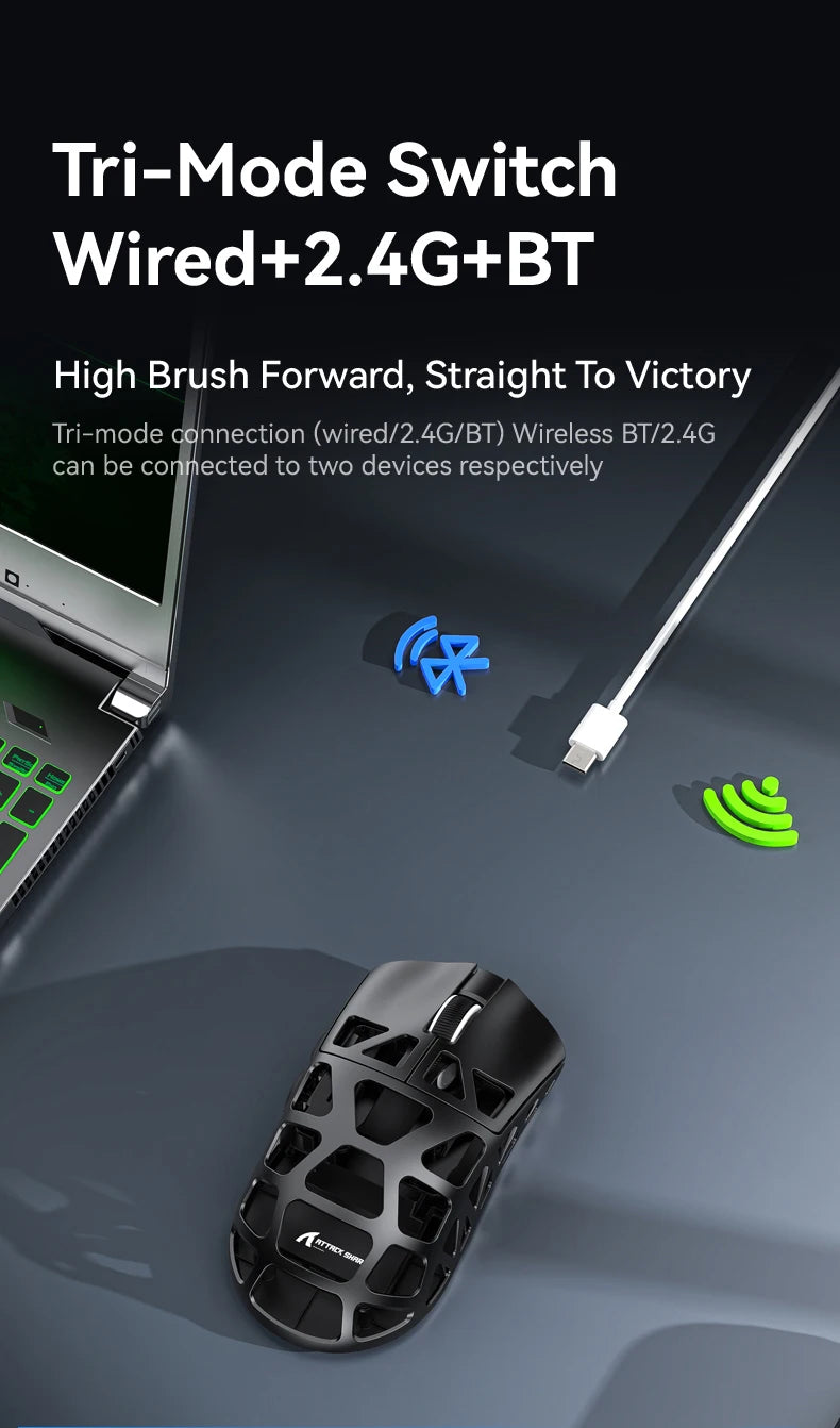 ATTACK SHARK R3 gaming miš od magnezijske legure s honeycomb dizajnom, ultra lagan 8K Hz, PAW3395 senzor, 26000 DPI, ergonomska školjka