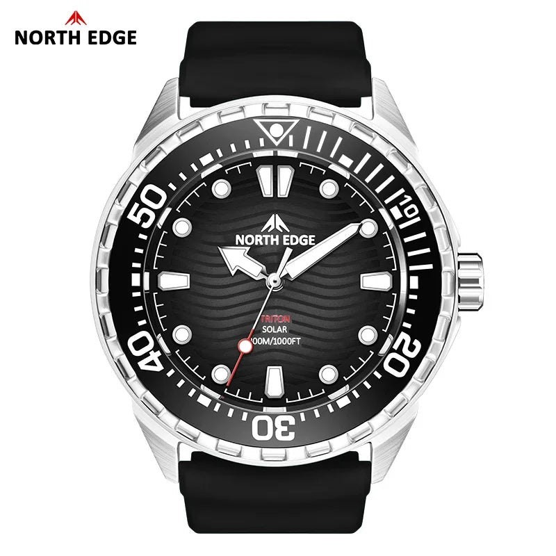 NORTH EDGE New TRITON Solar Powered Diving Watch for Man Luxury Quartz Wristwatches 316L Stainless Steel Case Waterproof 300M