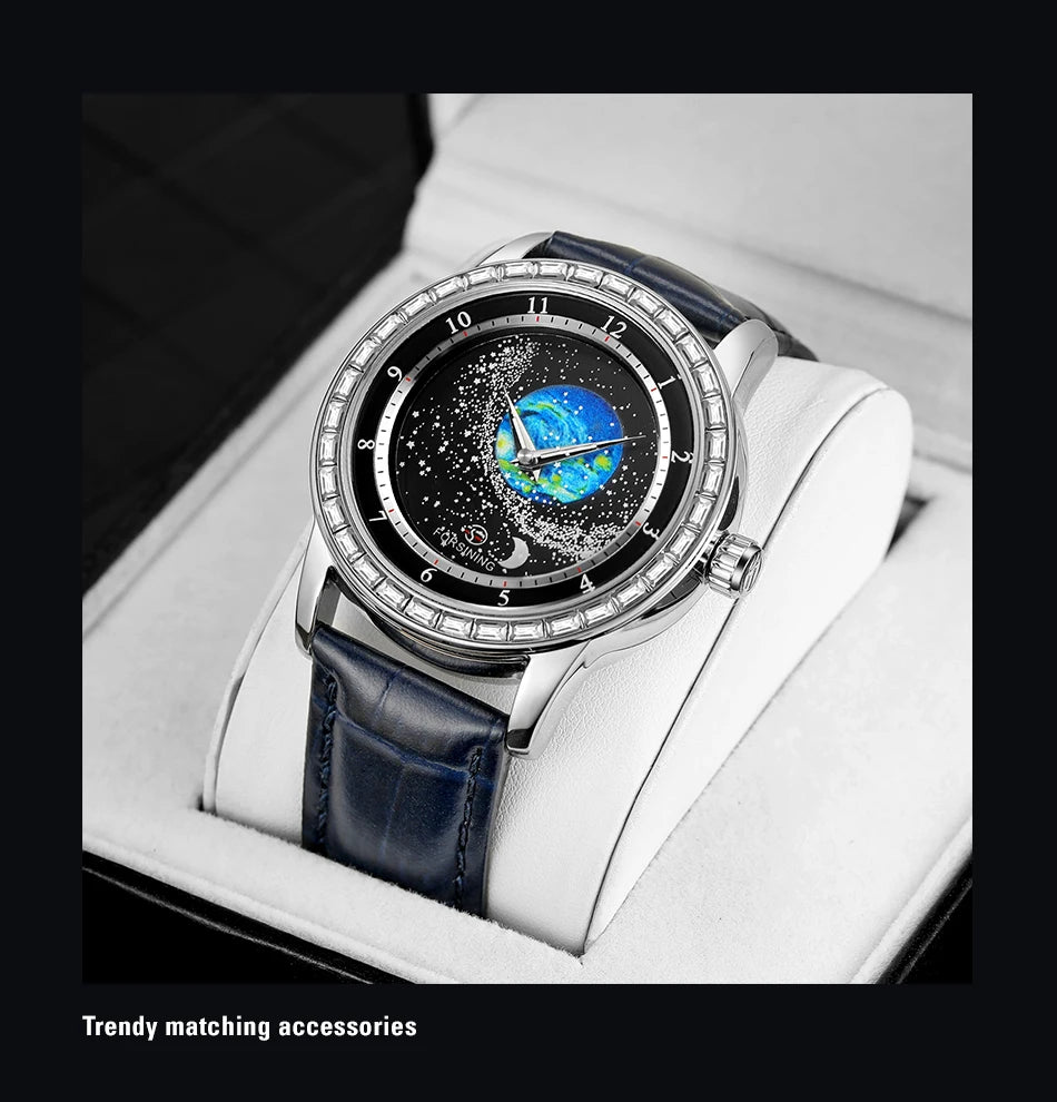 2026 FORSINING Design Earth Star Moon Set With Diamonds Genuine Belt Men Mechanical Automatic Watch Waterproof For Business