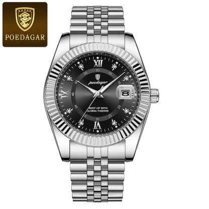 Relógio de homem POEDAGAR – Modelo de luxo, estanque, em aço inoxidável, com visor luminescente, estilo militar, função de data, movimento de quartzo, ideal para o trabalho ou ocasiões profissionais.