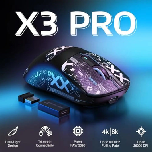 Mouse da gaming wireless Bluetooth Attack Shark X3Pro PixArt PAW3395 26000dpi, mouse ottico con connessione tri-mode e macro per il gaming