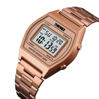 Skmei Unisex Digital Sport's Watches Stainless Steel Strap Led Waterproof 12/24 Hour Format Electronic Alarm Clock