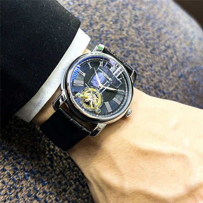 Mekanisk automatisk herrklocka – Elegant skelettdesign, trendig ”business casual”-stil, boett i legering och läderarmband, utan batteri