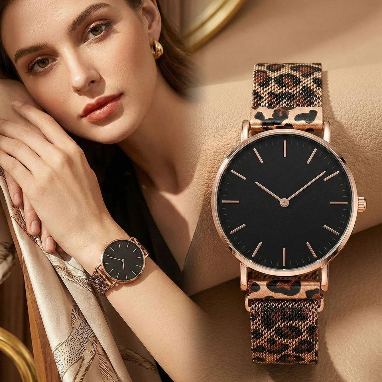 Ultra-thin Fashion Women's Watches Luxury Leopard Pattern Mesh Band Ladies Quartz Wristwatches Minimalist Female Clock Reloj