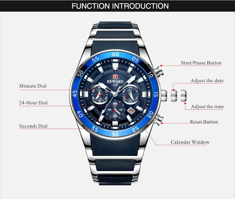 REWARD Relogios Masculino 81011M Sports Silicone Quartz Men's Watch Waterproof Calendar Chronograph Luminous Watches Men Часы