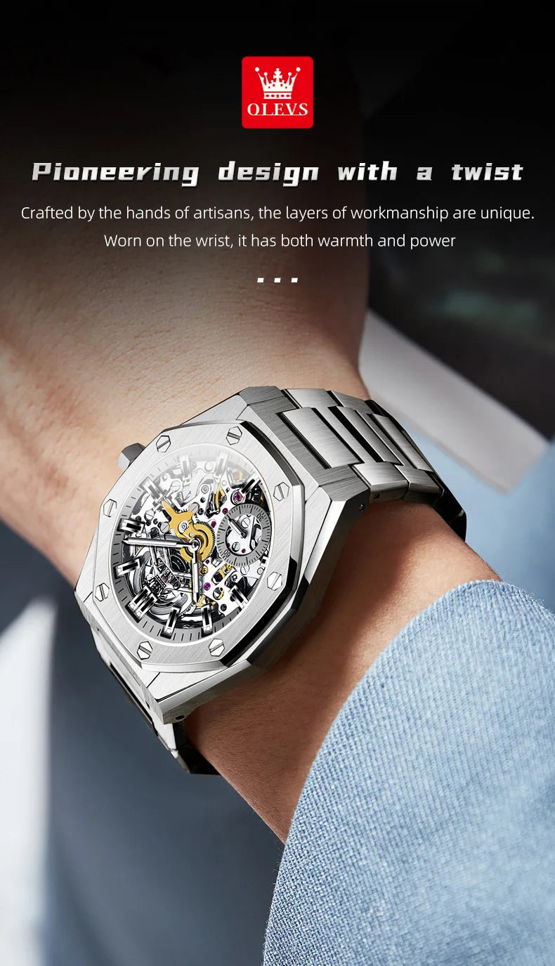 OLEVS Watches Luxury Man High Quality Original Fully Skeleton Automatic Mechanical Watch Stainless Steel Men Watches Gifts Box