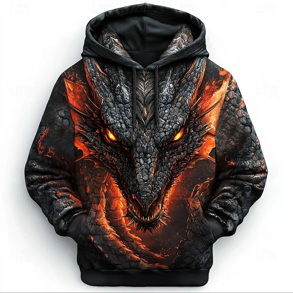 Miesten Dragon 3D -huppari, muodikas ja tyylikäs arkeen, pitkähihainen pyöreällä pääntiellä, juhliin, lomalle ja streetwear-tyyliin, syys- ja talvikauden verryttelytakki