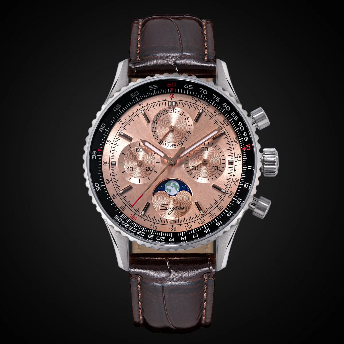 Sugess Chronograph Watch of Man ST1908 Swanneck Movement Mechanical Moonphase Wristwatches Waterproof Calendar Vintage New S468