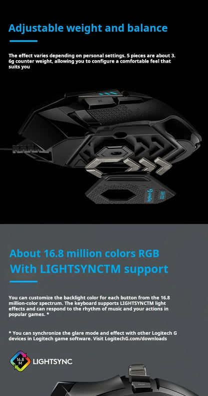 Геймърска мишка Logitech G502 HERO с кабел, e-sports, механична мишка с RGB подсветка, балансируемо тегло и програмируеми макроси за Battle Royale игри