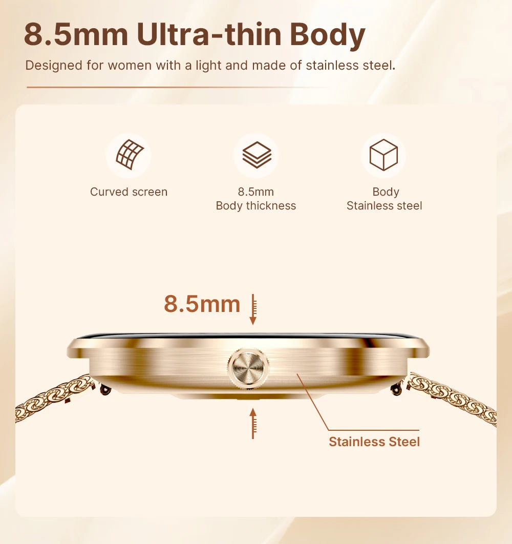 MEVADEN 8.5mm Ultra-thin Luxury Stainless Steel Smart Watch Women 1.43" AMOLED HD Screen Health Monitor Sport Smartwatch H33