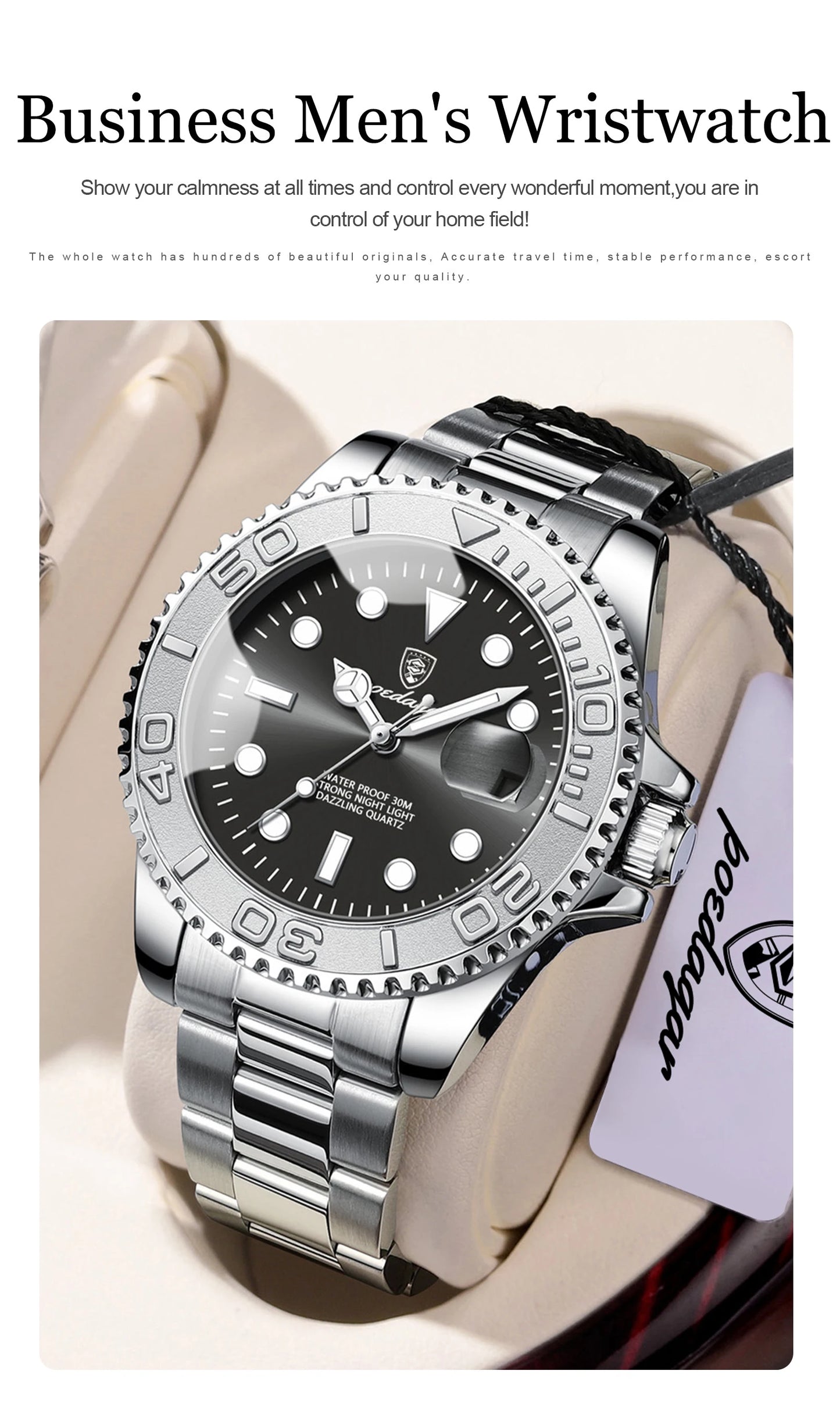 POEDAGAR Luxury Men's Watch Stainless Steel Date Quartz Fashion Watches For Man Waterproof Luminous Business Male Watch+Box Gift