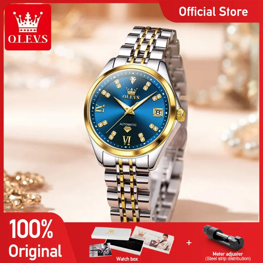 OLEVS 9801 Womens Watch Luxury Fashion Waterproof  Automatic Mechanical Watch Stainless Steel Diamond Date Ladies Watch Set