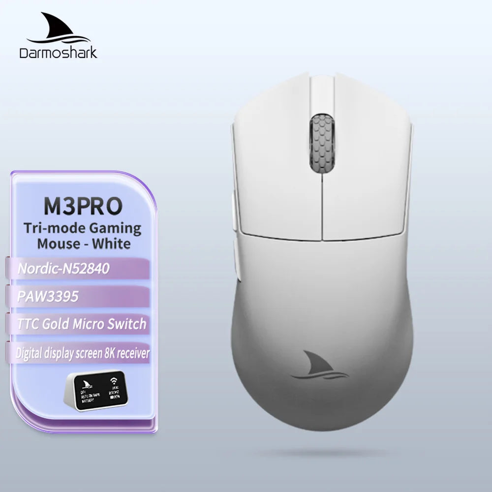 Herná myš Darmoshark M3Pro 2.4G BT bezdrôtová s trojitým režimom, snímačom PAW3395, N52840, 26000DPI, pre veľkú ruku, makro ovládač, myš na hranie
