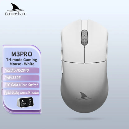 Herná myš Darmoshark M3Pro 2.4G BT bezdrôtová s trojitým režimom, snímačom PAW3395, N52840, 26000DPI, pre veľkú ruku, makro ovládač, myš na hranie