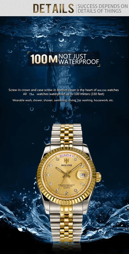 Holuns Luxury Classic 36/41mm Gold Men Watches Japan MIYOTA Quartz Movt Stainless Steel Classic Business Wristwatch Waterproof
