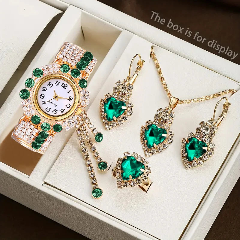 5PCS Luxury Rhinestone Women Watches Jewelry Set Fashion Adjustable Bangle Ladies Quartz Wristwatch Reloj Mujer（Without Box）