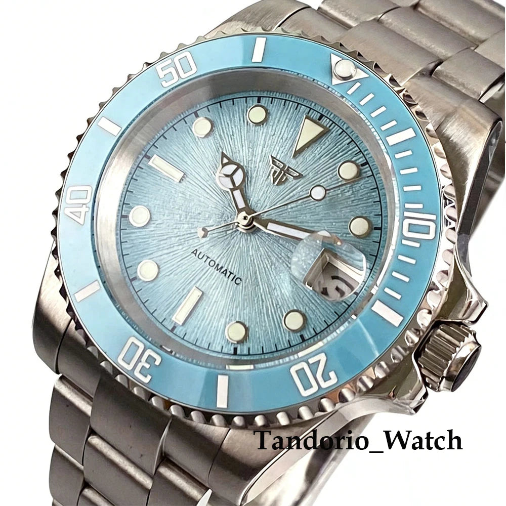Tandorio 20ATM 40mm Men's Automatic Diver Watch For Miyota 8215 Asia 2824 Sapphire Glass Ice Blue Stainless Steel Jubilee Watch