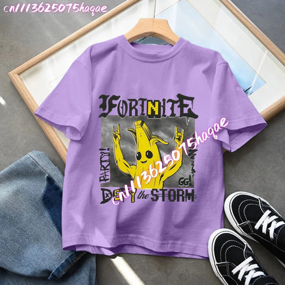 T-shirts Fortnite para Criança com Figuras Anime Estampadas, Tops de Desenho Animado Fortress Night, Roupa de Verão para Meninas, Manga Curta, Pullover Tees