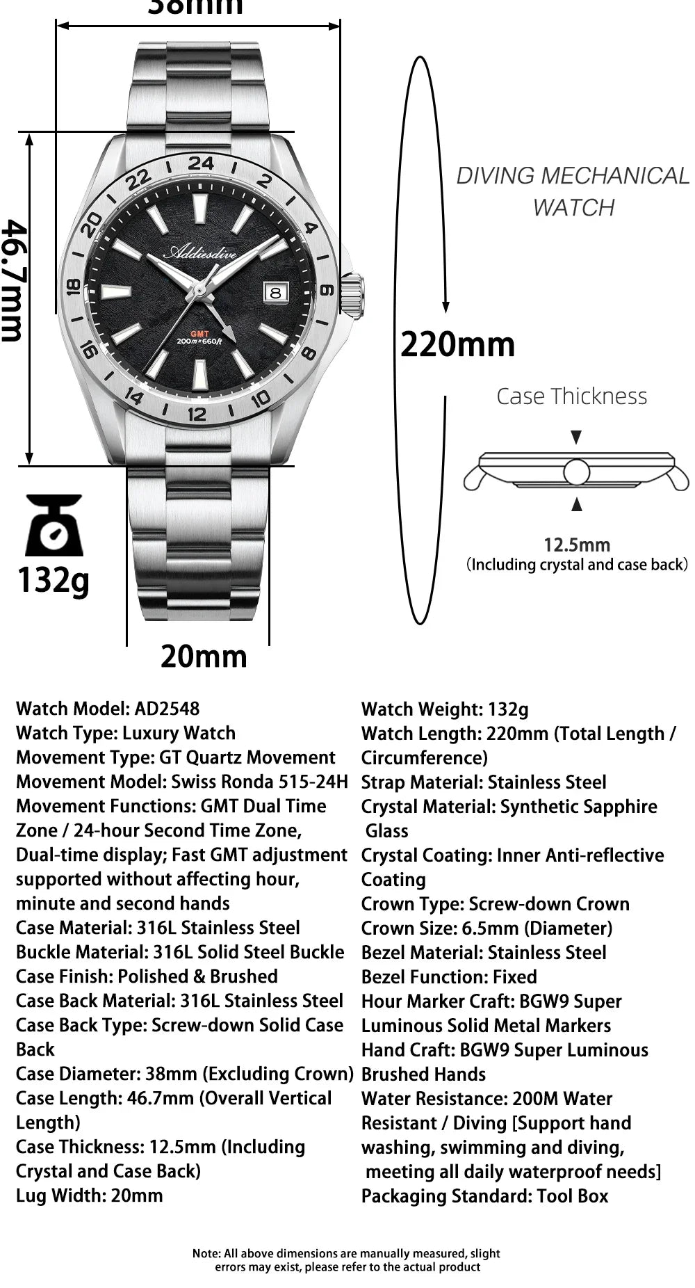 ADDIESDIVE Luxury Swiss Ronda GMT Watch 200M Water Resistant Dual Time Zone BGW9 Luminous 38mm Stainless Steel Quartz Movement