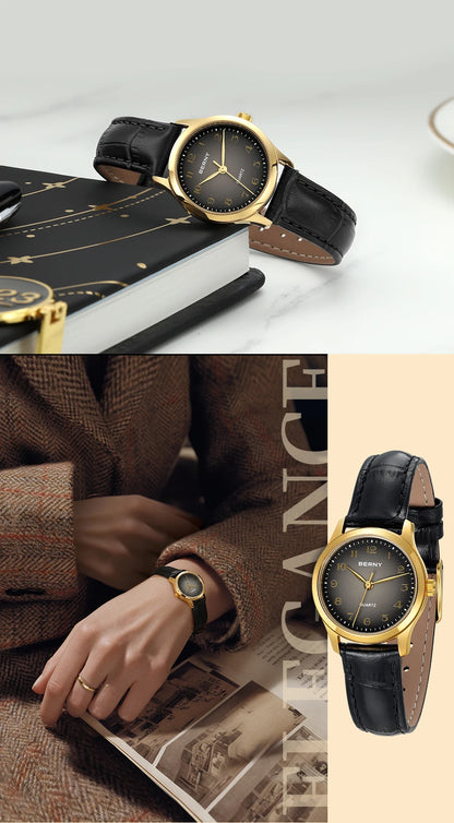 BERNY Gold Watch for Women Luxury Ladies Fashion Quartz Wristwatch Elegant Gradient Dial Multiple Scenarios Matching Lady Watch