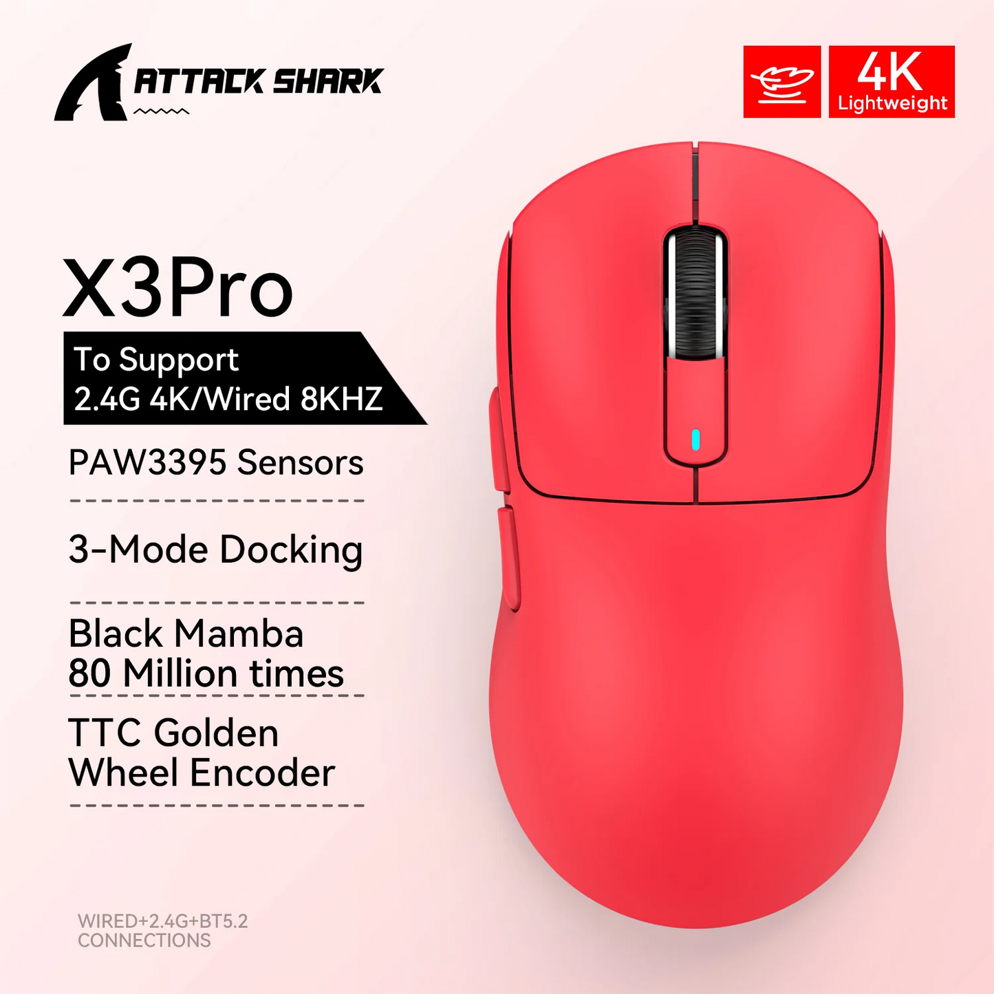 Mouse Gaming Wireless X3 ATTACK SHARK colore rosso, polling rate 4K, connessione Bluetooth tri-mode, PAW3395, mouse gaming Bluetooth con macro