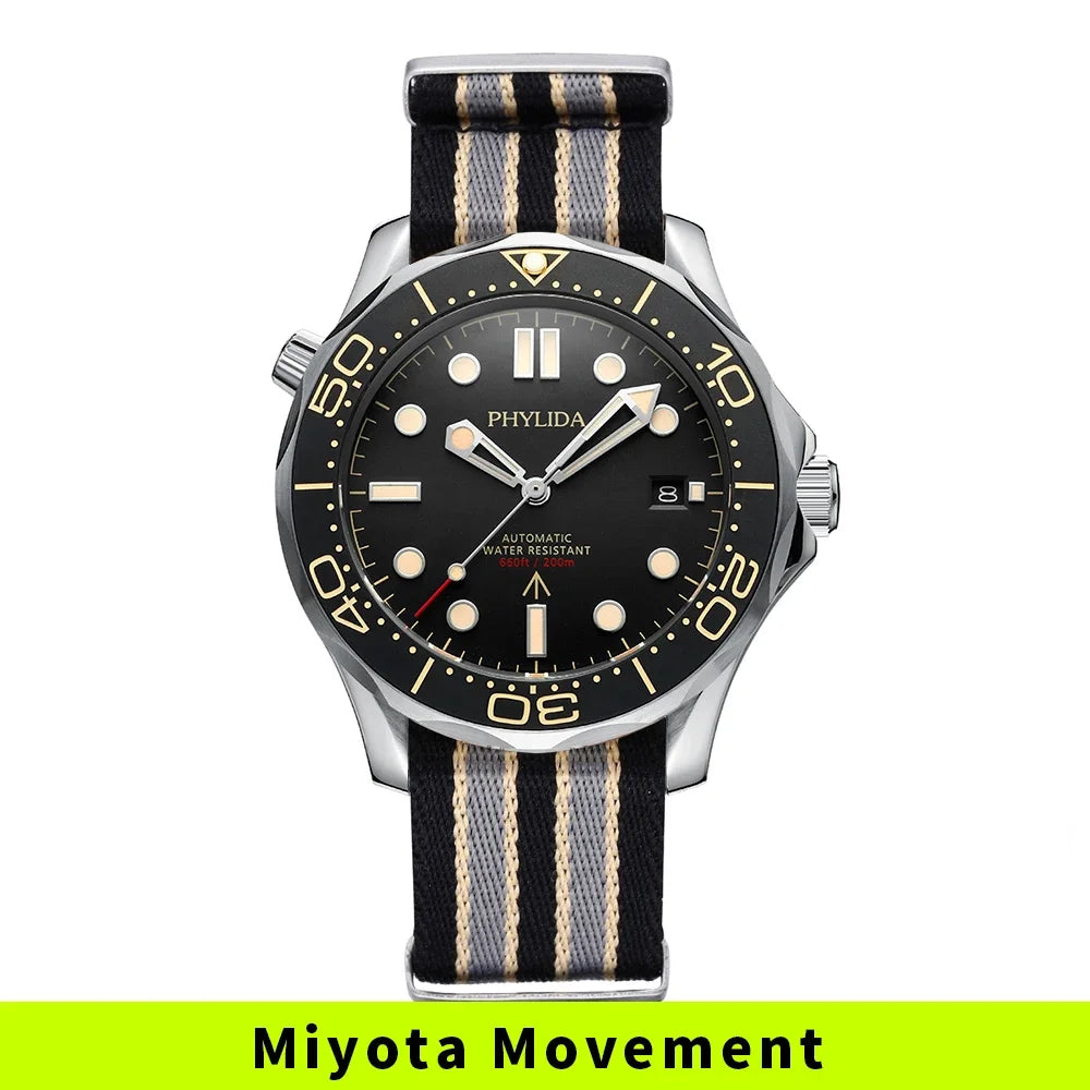 PHYLIDA Black Dial PT5000 MIYOTA Automatic Watch DIVER 200M 007 NTTD Style Sapphire Crystal Solid Bracelet Waterproof 20Bar