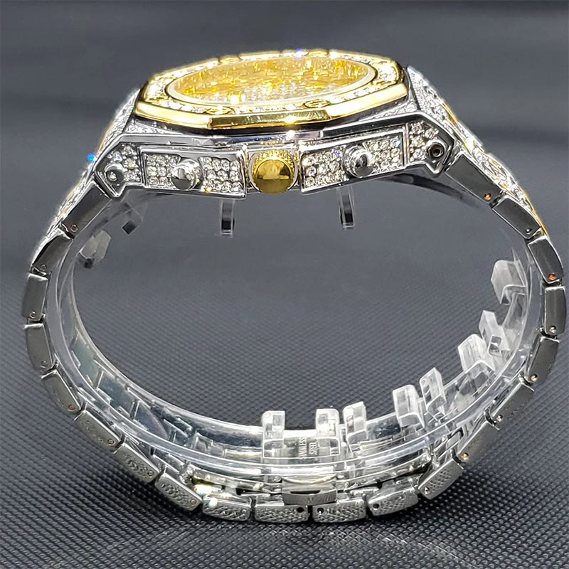 Gold Watches For Men Full Iced Diamond Men's Quartz Watch Luxury Fashion Calendar Wristwatch Dropshipping