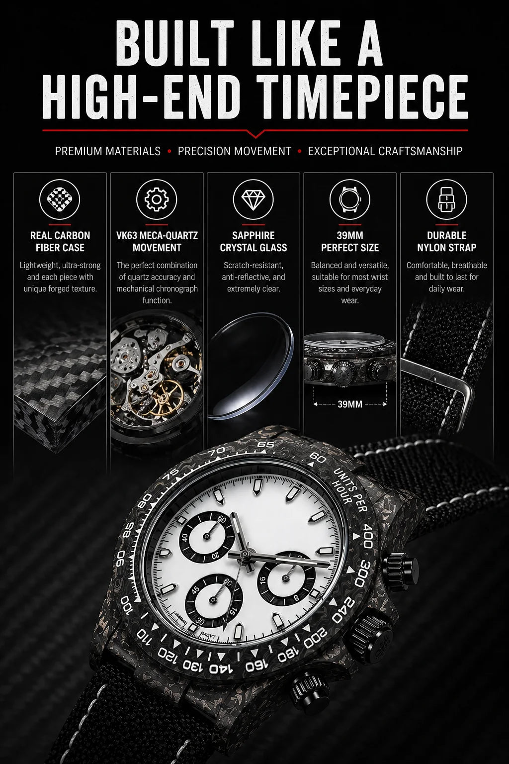 39mm Carbon Fiber Panda Chronograph Watch VK63 Quartz Sapphire Crystal Custom Logo Men's Sports Wristwatch