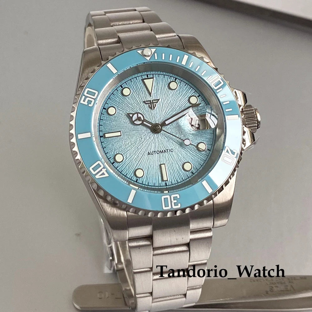 Tandorio 20ATM 40mm Men's Automatic Diver Watch For Miyota 8215 Asia 2824 Sapphire Glass Ice Blue Stainless Steel Jubilee Watch