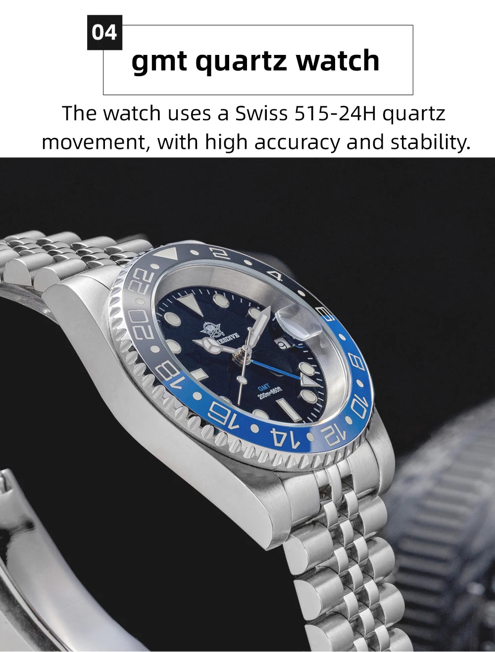 ADDIESDIVE Watch For Men Quartz GMT 20Bar Waterproof BGW9 Super Luminous 316L Stainless Steel Ceramic Bezel Watch