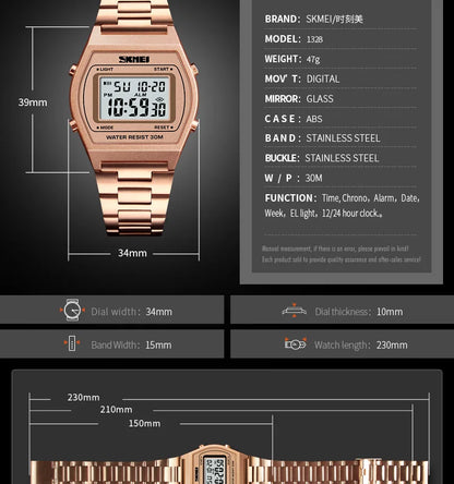 Skmei Unisex Digital Sport's Watches Stainless Steel Strap Led Waterproof 12/24 Hour Format Electronic Alarm Clock