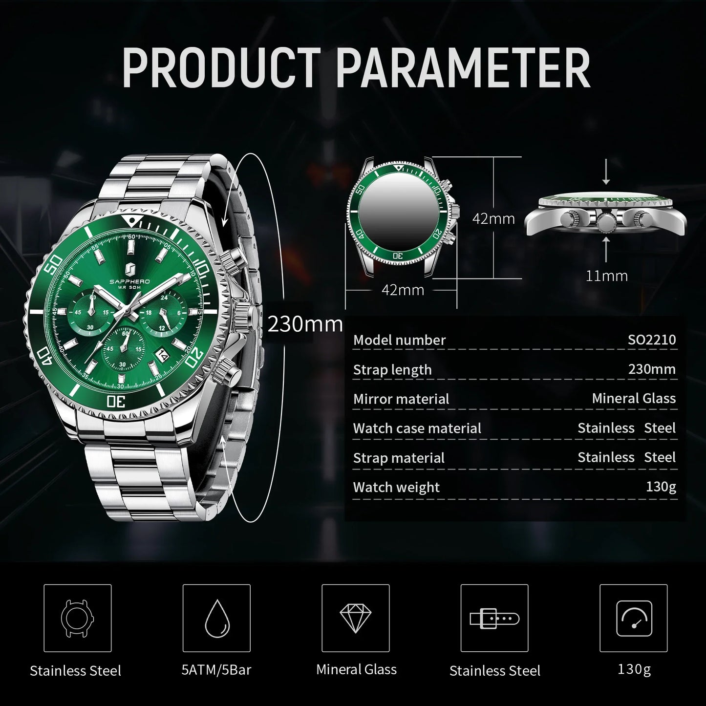 SAPPHERO Men’s Quartz Watch Luxury Chronograph Sport Wristwatch Stainless Steel Waterproof 50M Date Luminous Business Watch