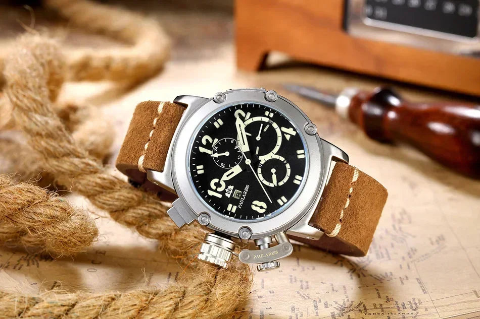 Automatic Watches for Men Mechanical Self Wind Genuine Leather Multifunction Date Boat Month Gold Bronze U Reloj Hombre Baratos