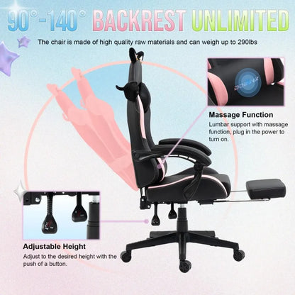 Söt gamingstol med kattöron och fotstöd – rosa kawaii-datorstol, ergonomisk gamer-stol med hög rygg och svankstöd med kattassmotiv