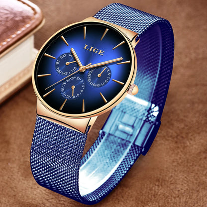 Relógio feminino LIGE, elegante e moderno – Estilo desportivo e descontraído, bracelete em malha, movimento de quartzo, indicação da data e do dia, resistente à água.
