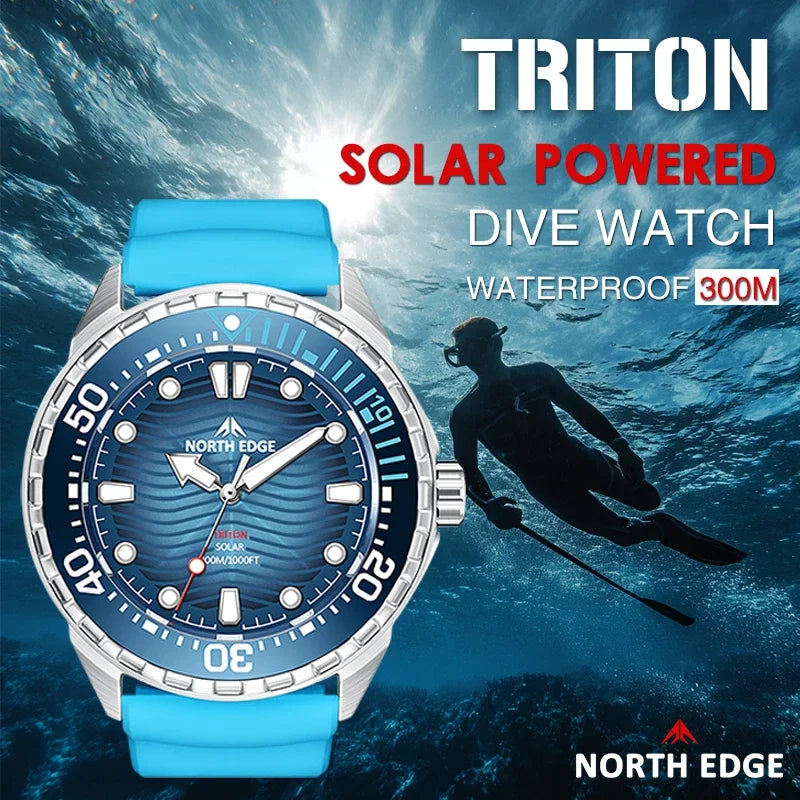 NORTH EDGE New TRITON Solar Powered Diving Watch for Man Luxury Quartz Wristwatches 316L Stainless Steel Case Waterproof 300M
