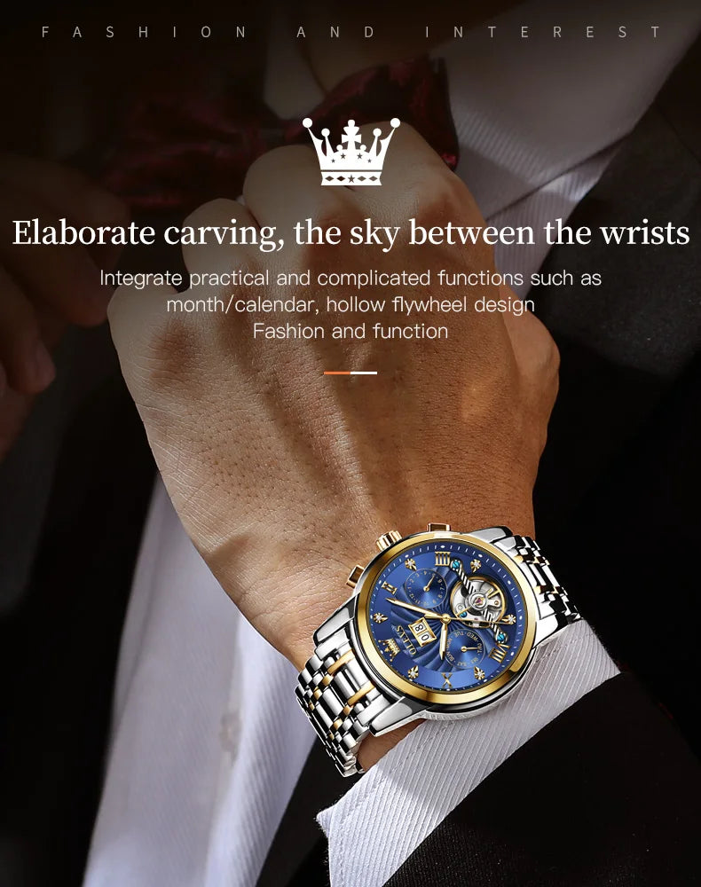 OLEVS 9910 Original Men's Automatic Mechanical Watch Luxury Skeleton Stainless steel Waterproof Luminous Watches
