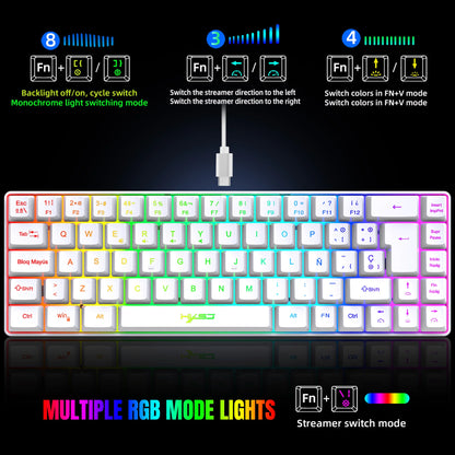 Promoção imperdível! Teclado gaming com fios espanhol de 69 teclas, retroiluminação RGB e design compacto 68%, um acessório indispensável para profissionais de escritório e gamers